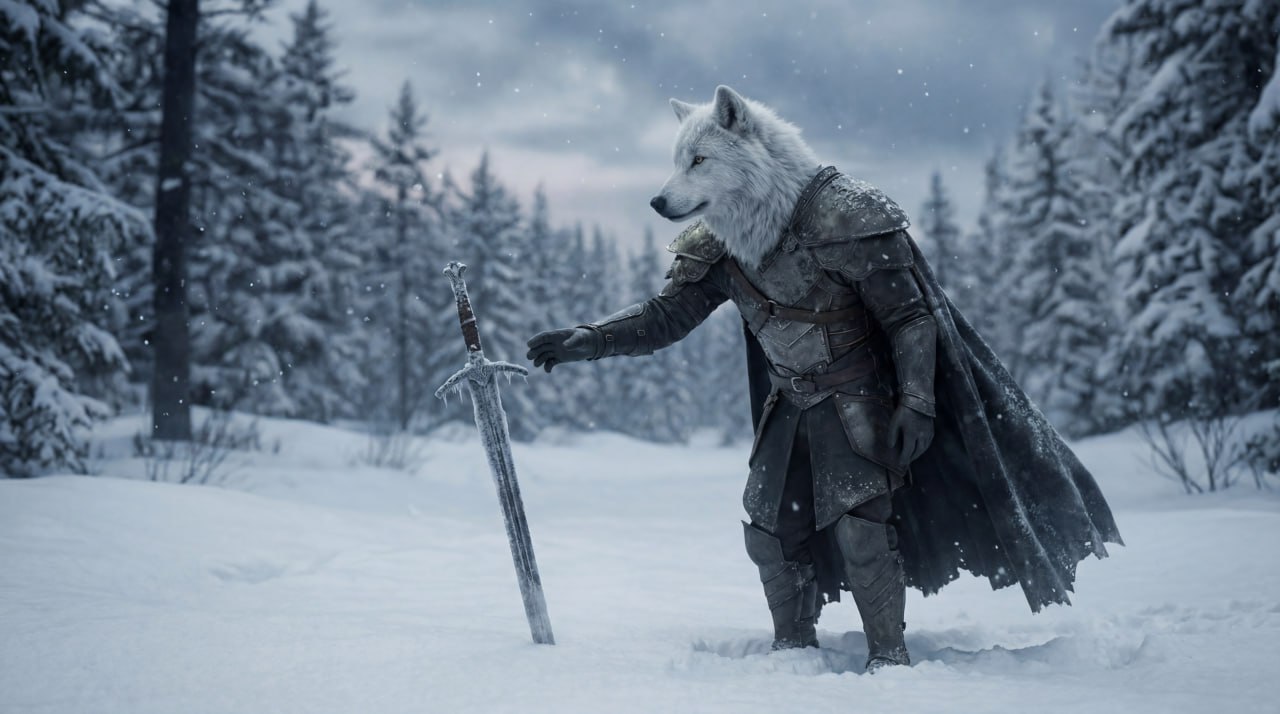 White Wolf with sword in snow