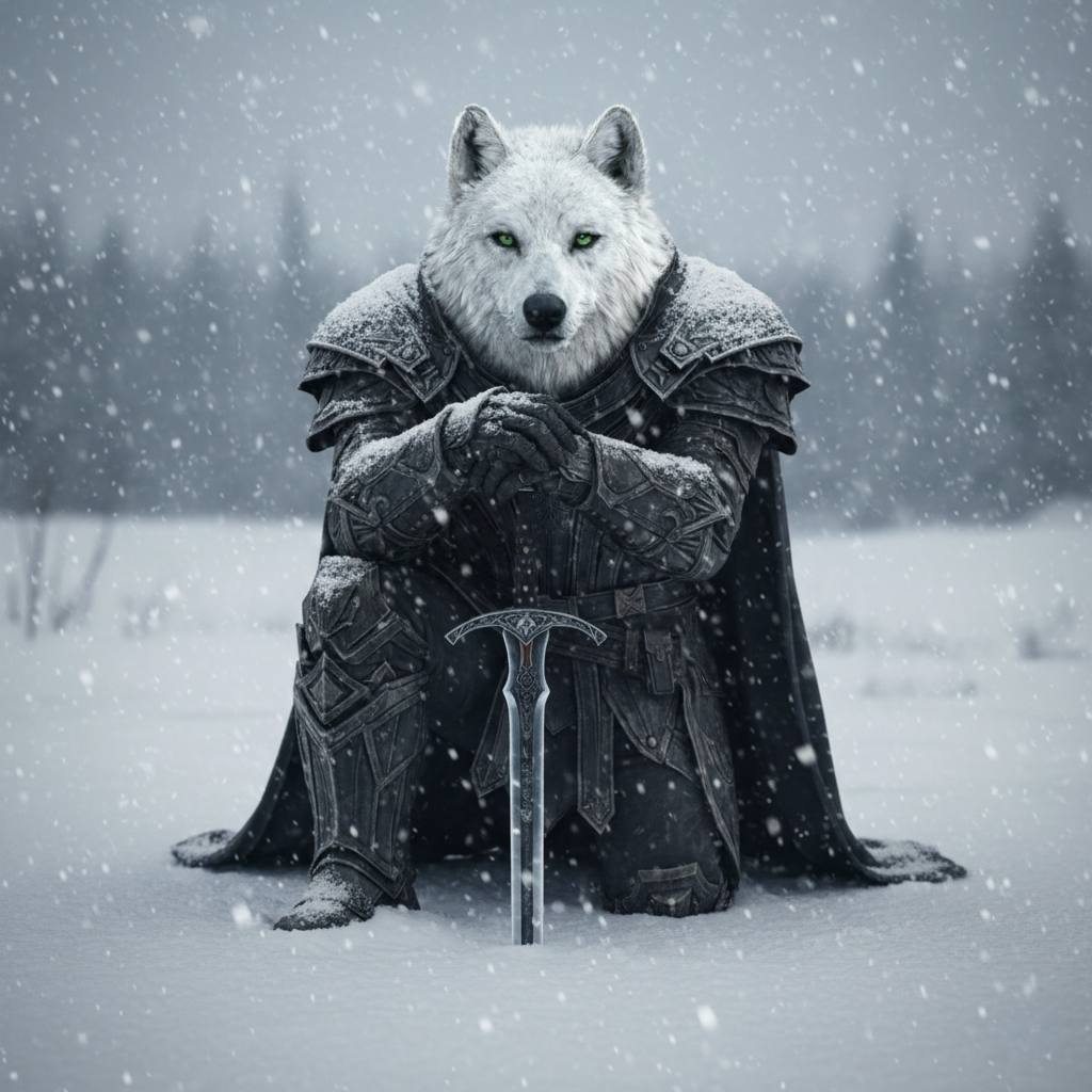 White Wolf kneeling with sword
