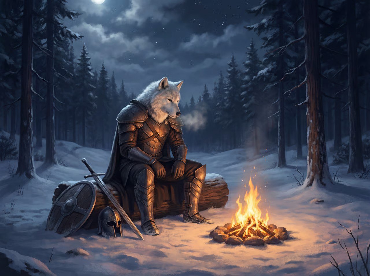 White Wolf by the campfire