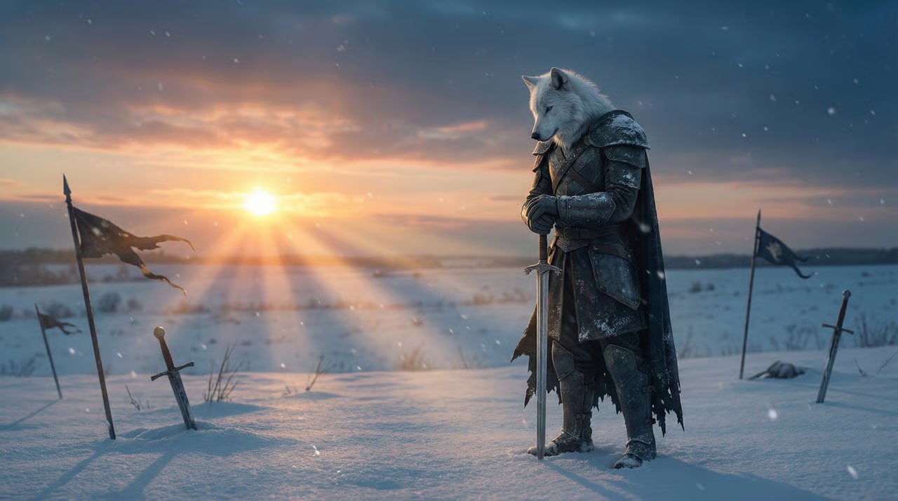 White Wolf at sunset battlefield