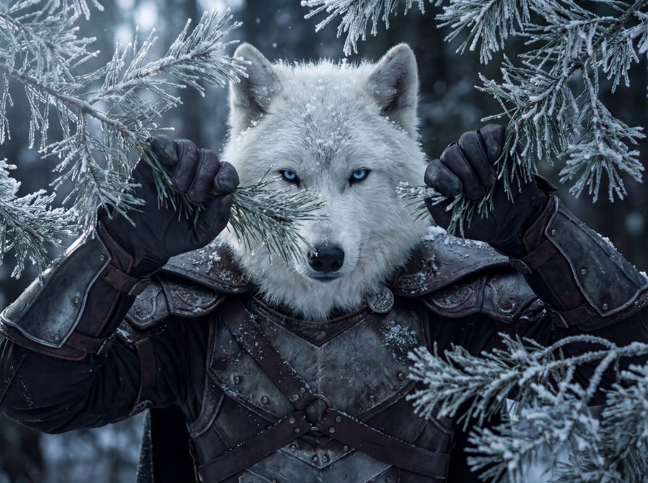 White Wolf peeking through frost branches